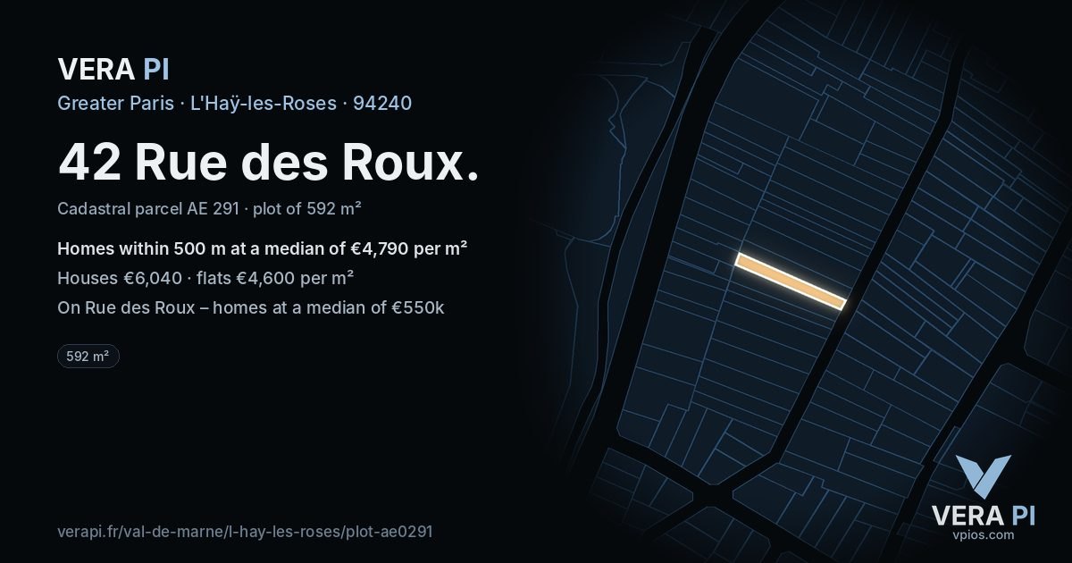42 Rue des Roux, L'Haÿ-les-Roses at night – the plot lit, the parcels around coloured by the prices near them