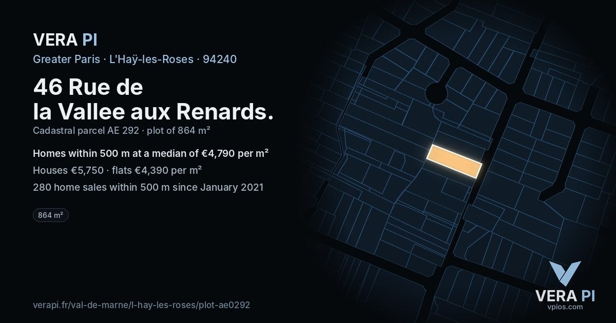 46 Rue de la Vallee aux Renards, L'Haÿ-les-Roses at night – the plot lit, the parcels around coloured by the prices near them