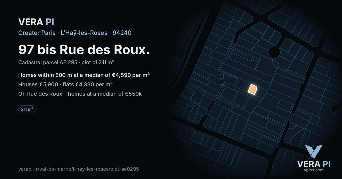 97 bis Rue des Roux, L'Haÿ-les-Roses at night – the plot lit, the parcels around coloured by the prices near them
