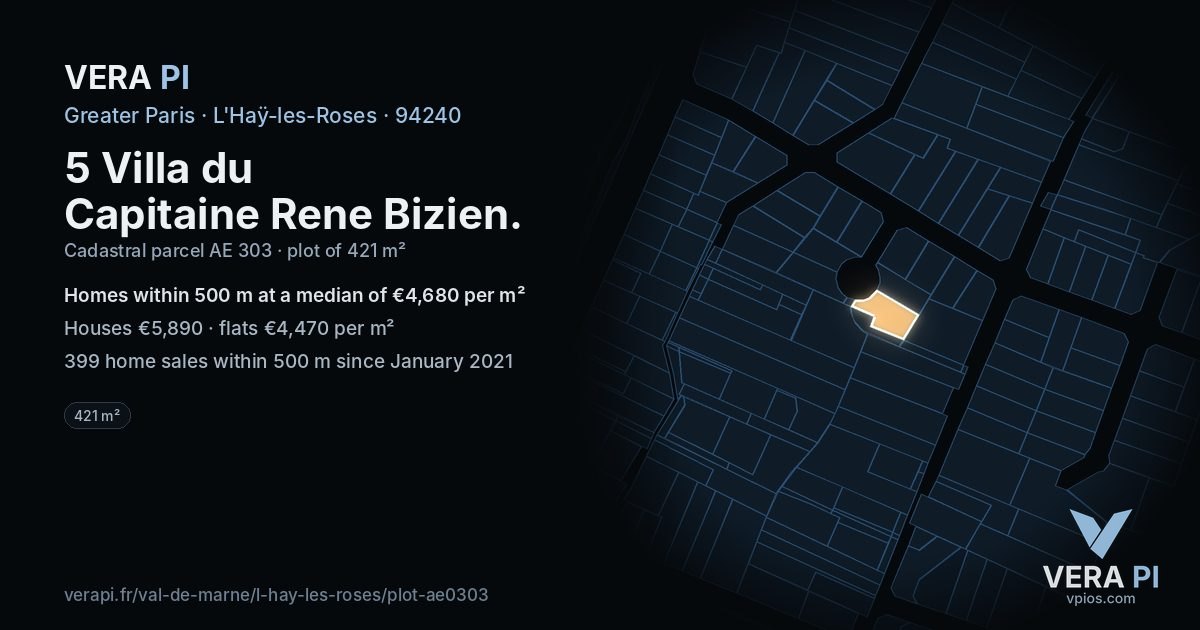 5 Villa du Capitaine Rene Bizien, L'Haÿ-les-Roses at night – the plot lit, the parcels around coloured by the prices near them