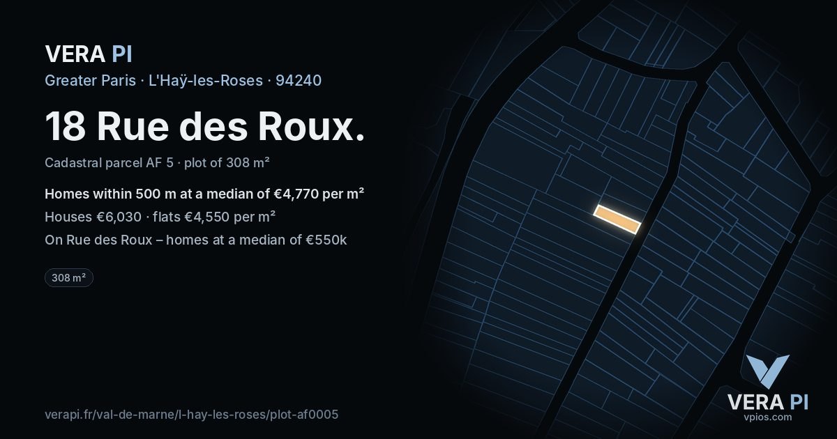 18 Rue des Roux, L'Haÿ-les-Roses at night – the plot lit, the parcels around coloured by the prices near them