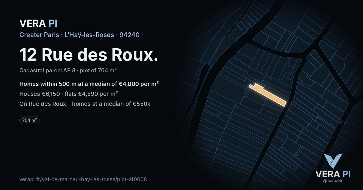12 Rue des Roux, L'Haÿ-les-Roses at night – the plot lit, the parcels around coloured by the prices near them