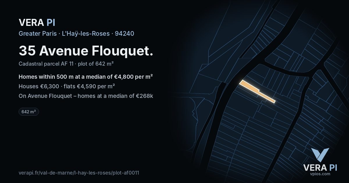 35 Avenue Flouquet, L'Haÿ-les-Roses at night – the plot lit, the parcels around coloured by the prices near them