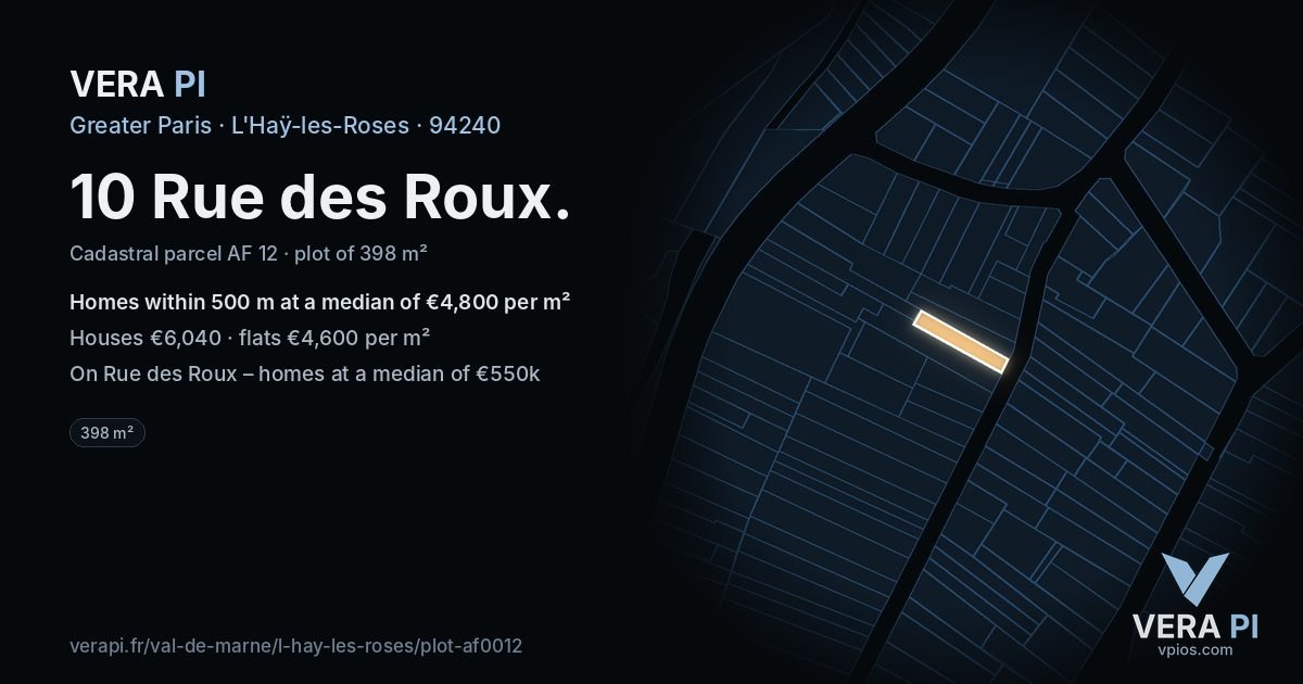 10 Rue des Roux, L'Haÿ-les-Roses at night – the plot lit, the parcels around coloured by the prices near them