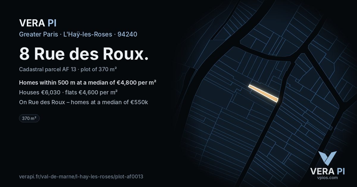8 Rue des Roux, L'Haÿ-les-Roses at night – the plot lit, the parcels around coloured by the prices near them