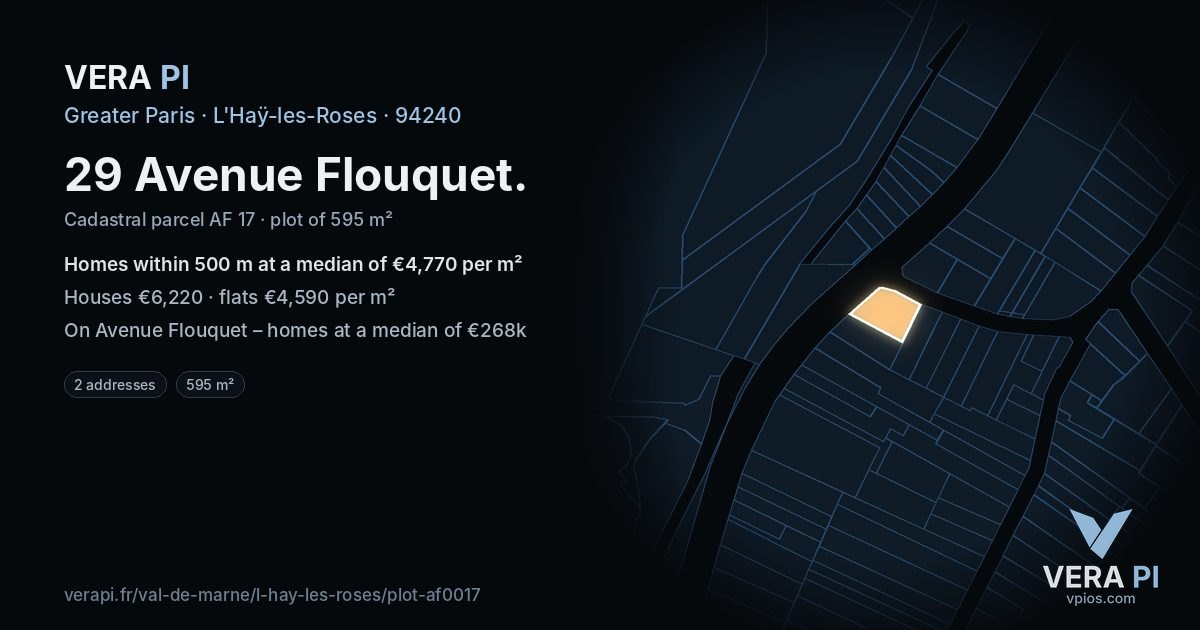 29 Avenue Flouquet, L'Haÿ-les-Roses at night – the plot lit, the parcels around coloured by the prices near them