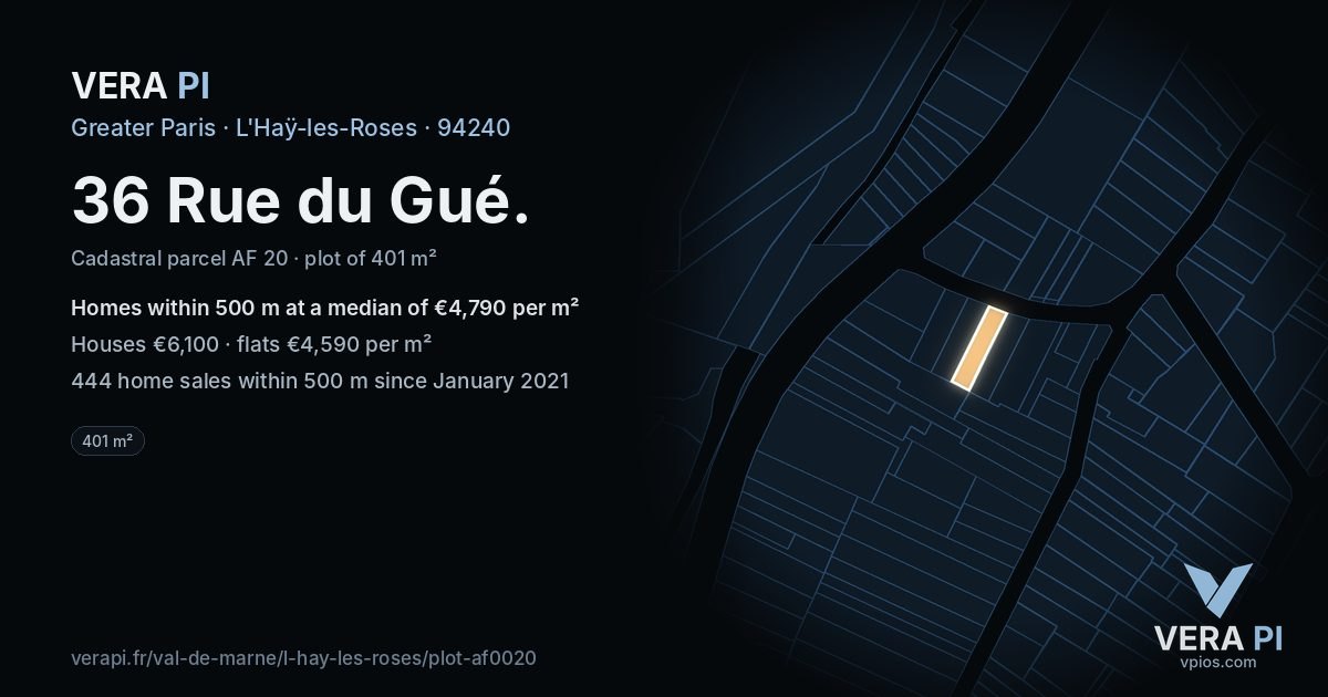 36 Rue du Gué, L'Haÿ-les-Roses at night – the plot lit, the parcels around coloured by the prices near them