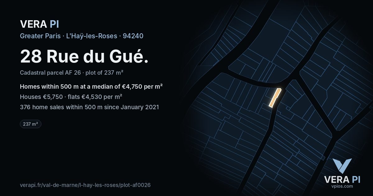 28 Rue du Gué, L'Haÿ-les-Roses at night – the plot lit, the parcels around coloured by the prices near them