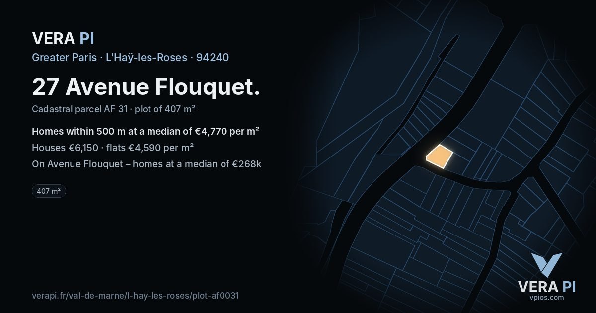 27 Avenue Flouquet, L'Haÿ-les-Roses at night – the plot lit, the parcels around coloured by the prices near them