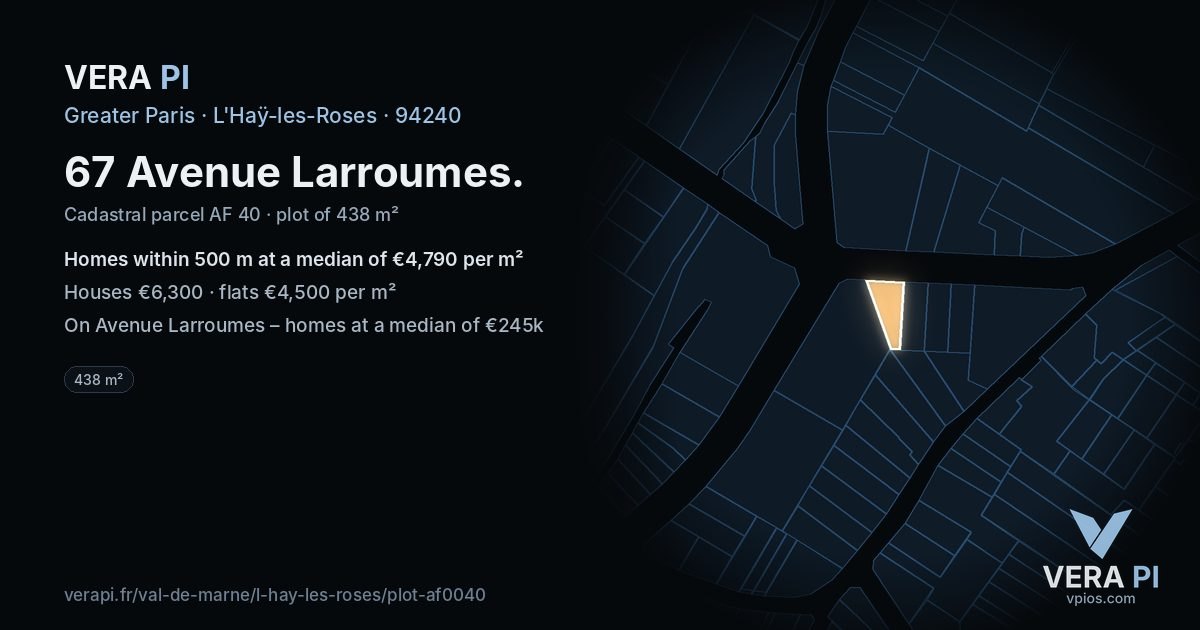 67 Avenue Larroumes, L'Haÿ-les-Roses at night – the plot lit, the parcels around coloured by the prices near them