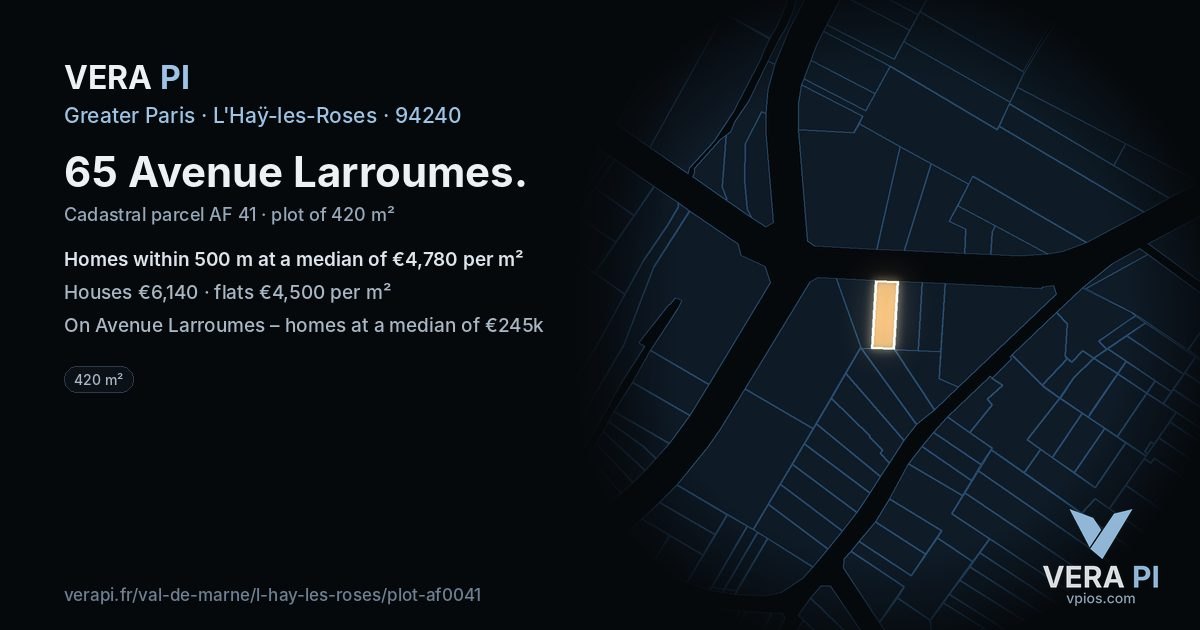 65 Avenue Larroumes, L'Haÿ-les-Roses at night – the plot lit, the parcels around coloured by the prices near them