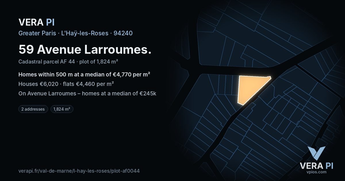 59 Avenue Larroumes, L'Haÿ-les-Roses at night – the plot lit, the parcels around coloured by the prices near them