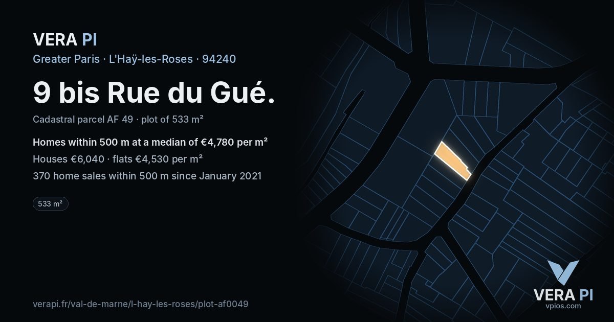 9 bis Rue du Gué, L'Haÿ-les-Roses at night – the plot lit, the parcels around coloured by the prices near them