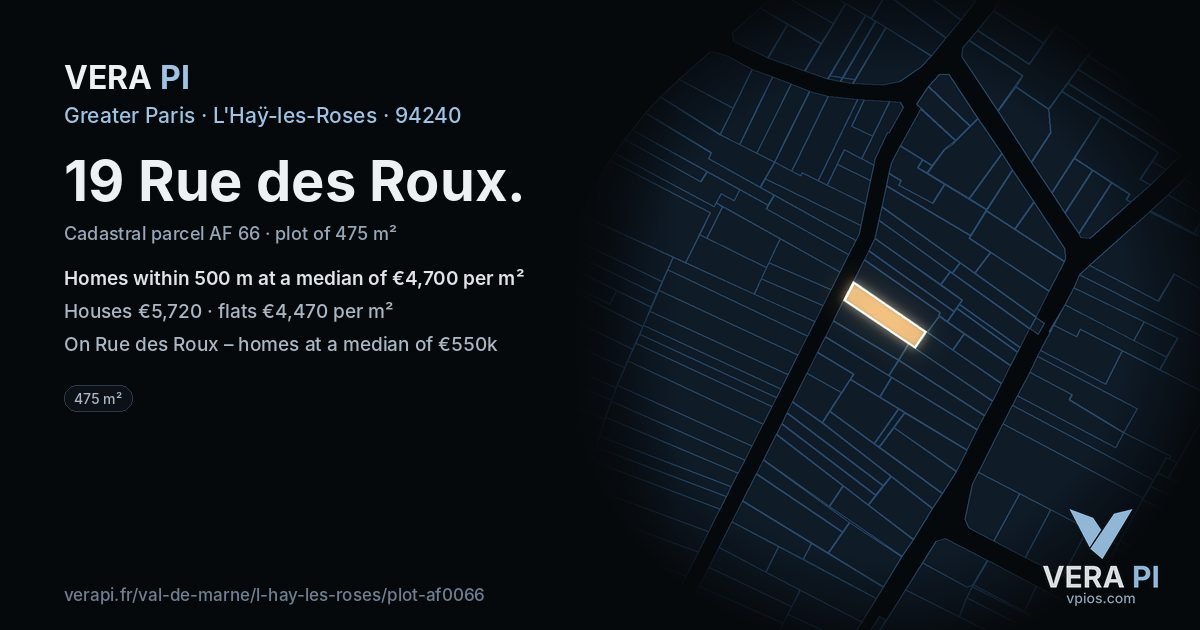 19 Rue des Roux, L'Haÿ-les-Roses at night – the plot lit, the parcels around coloured by the prices near them