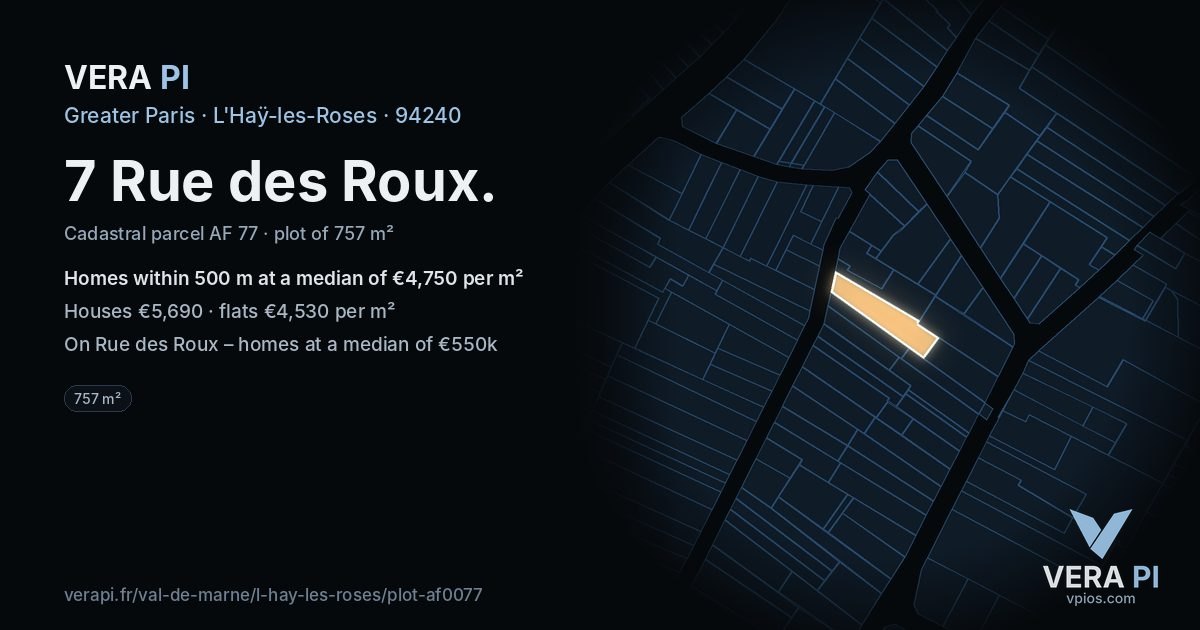 7 Rue des Roux, L'Haÿ-les-Roses at night – the plot lit, the parcels around coloured by the prices near them
