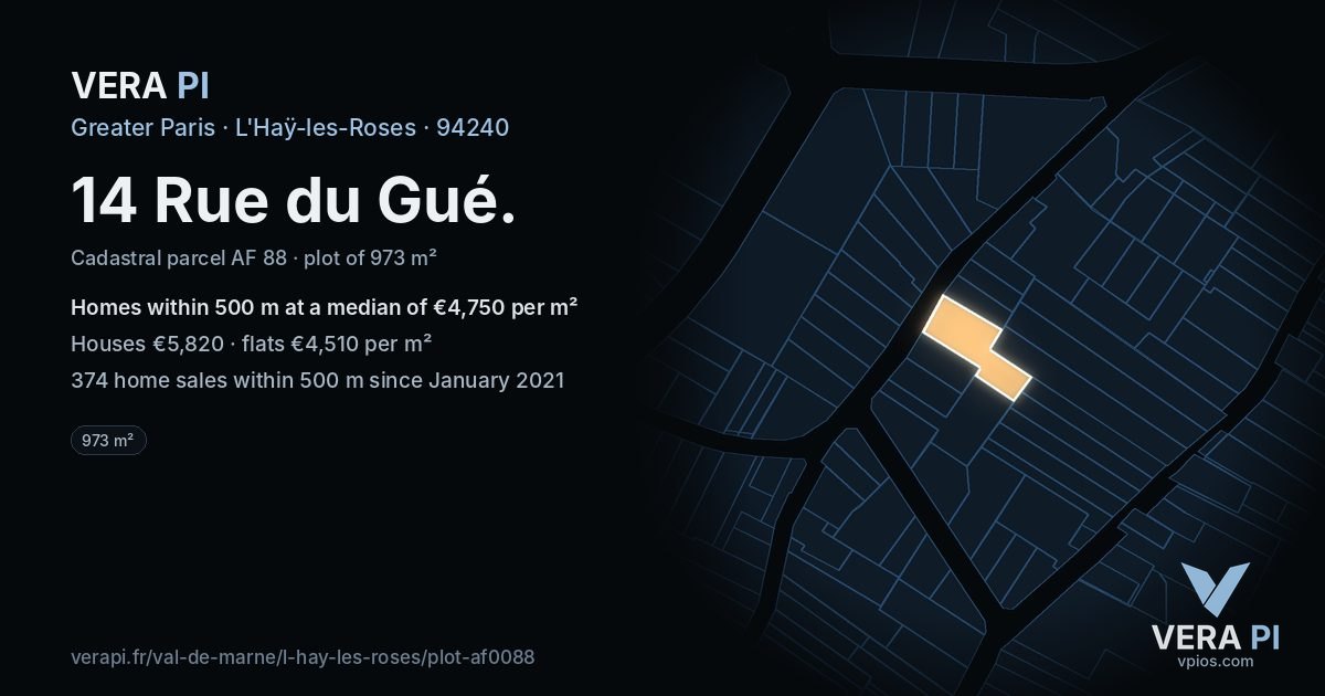 14 Rue du Gué, L'Haÿ-les-Roses at night – the plot lit, the parcels around coloured by the prices near them