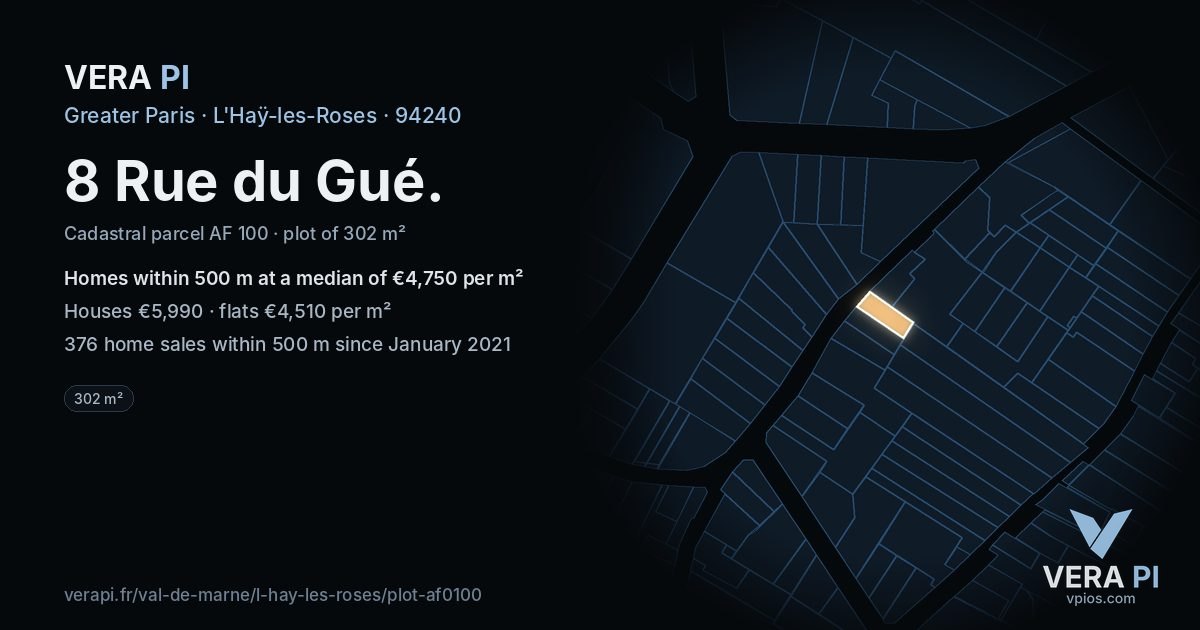 8 Rue du Gué, L'Haÿ-les-Roses at night – the plot lit, the parcels around coloured by the prices near them