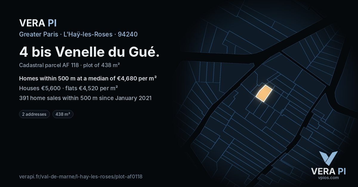 4 bis Venelle du Gué, L'Haÿ-les-Roses at night – the plot lit, the parcels around coloured by the prices near them