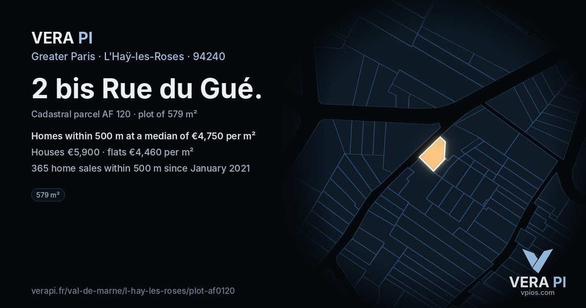 2 bis Rue du Gué, L'Haÿ-les-Roses at night – the plot lit, the parcels around coloured by the prices near them