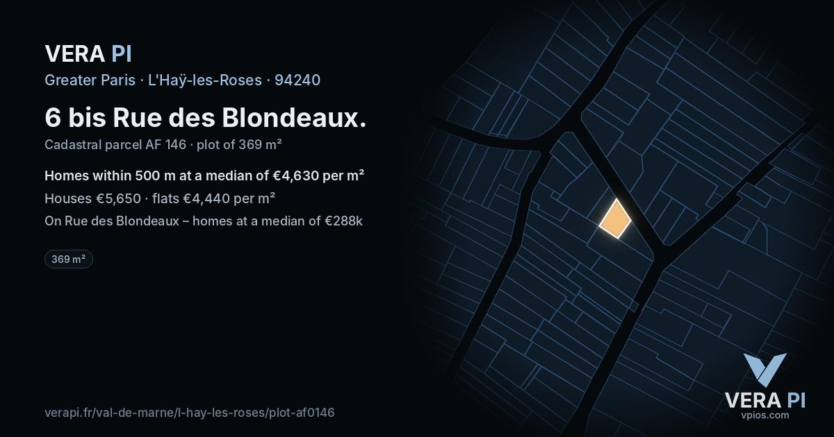 6 bis Rue des Blondeaux, L'Haÿ-les-Roses at night – the plot lit, the parcels around coloured by the prices near them
