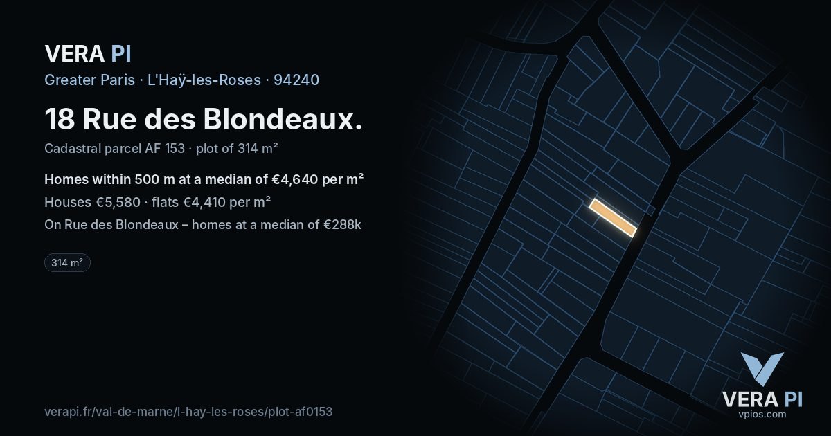 18 Rue des Blondeaux, L'Haÿ-les-Roses at night – the plot lit, the parcels around coloured by the prices near them