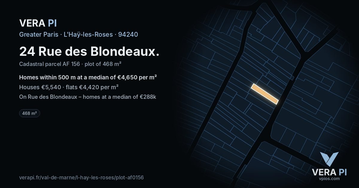24 Rue des Blondeaux, L'Haÿ-les-Roses at night – the plot lit, the parcels around coloured by the prices near them
