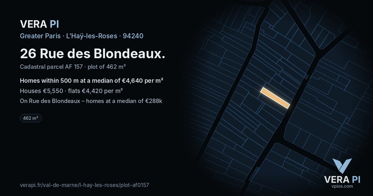 26 Rue des Blondeaux, L'Haÿ-les-Roses at night – the plot lit, the parcels around coloured by the prices near them