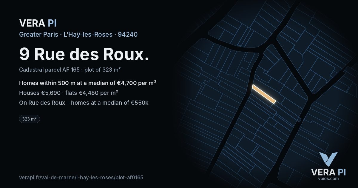 9 Rue des Roux, L'Haÿ-les-Roses at night – the plot lit, the parcels around coloured by the prices near them