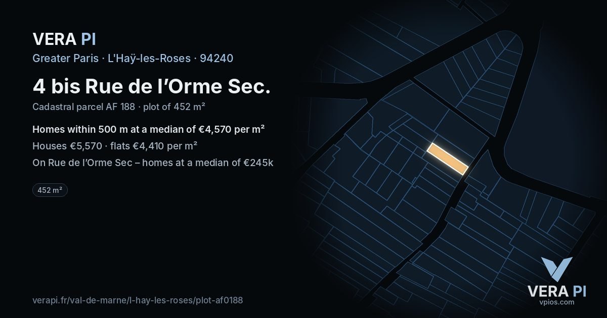 4 bis Rue de l’Orme Sec, L'Haÿ-les-Roses at night – the plot lit, the parcels around coloured by the prices near them