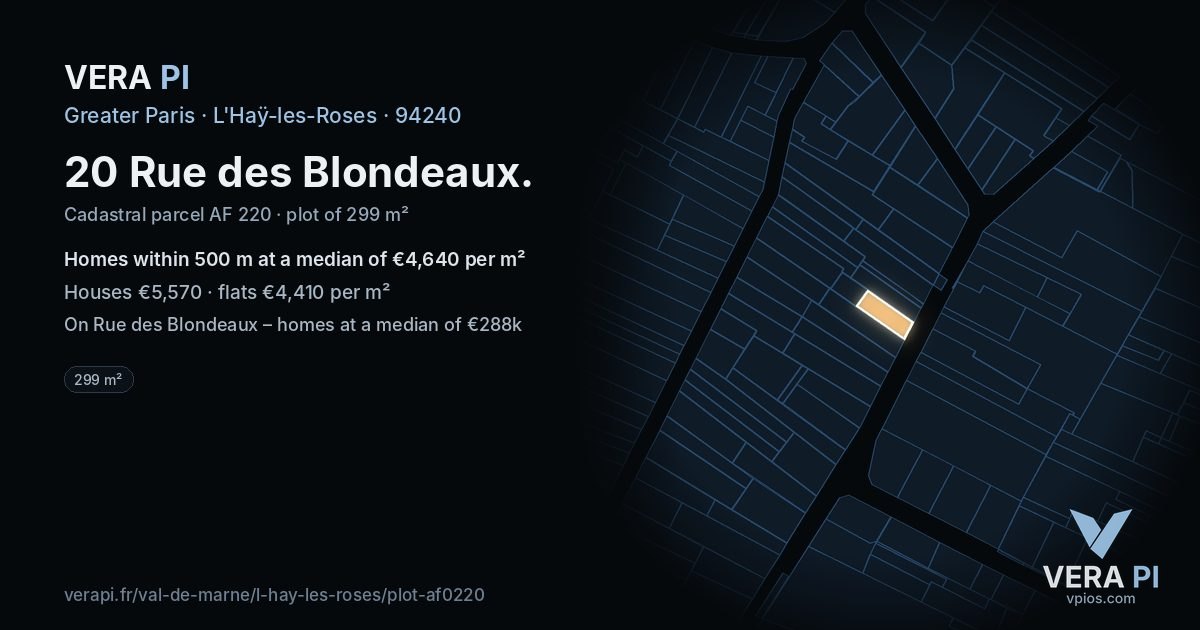 20 Rue des Blondeaux, L'Haÿ-les-Roses at night – the plot lit, the parcels around coloured by the prices near them