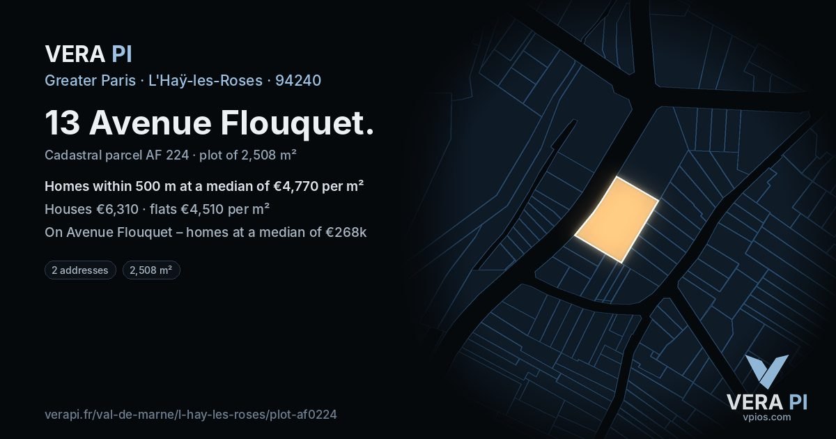 13 Avenue Flouquet, L'Haÿ-les-Roses at night – the plot lit, the parcels around coloured by the prices near them
