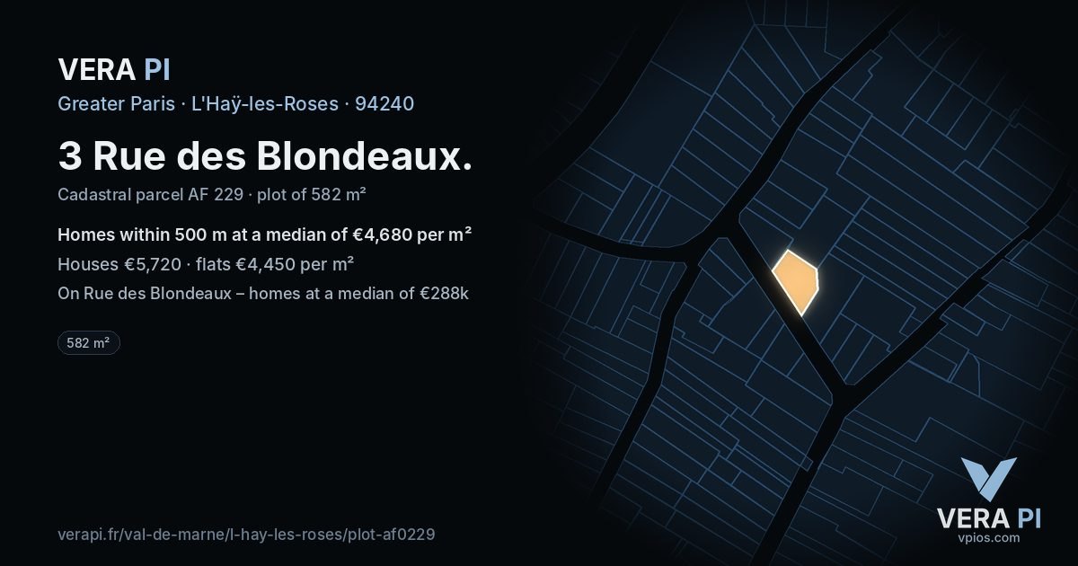3 Rue des Blondeaux, L'Haÿ-les-Roses at night – the plot lit, the parcels around coloured by the prices near them