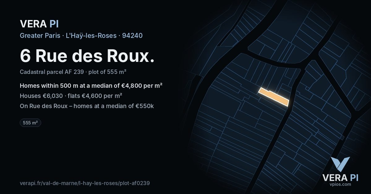 6 Rue des Roux, L'Haÿ-les-Roses at night – the plot lit, the parcels around coloured by the prices near them
