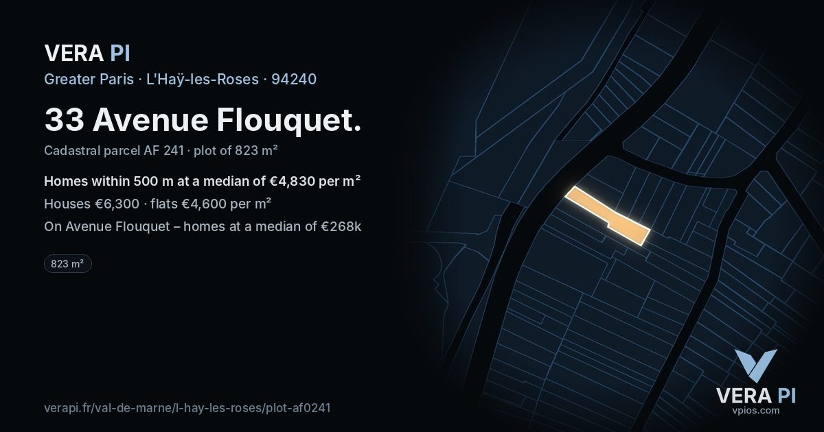 33 Avenue Flouquet, L'Haÿ-les-Roses at night – the plot lit, the parcels around coloured by the prices near them