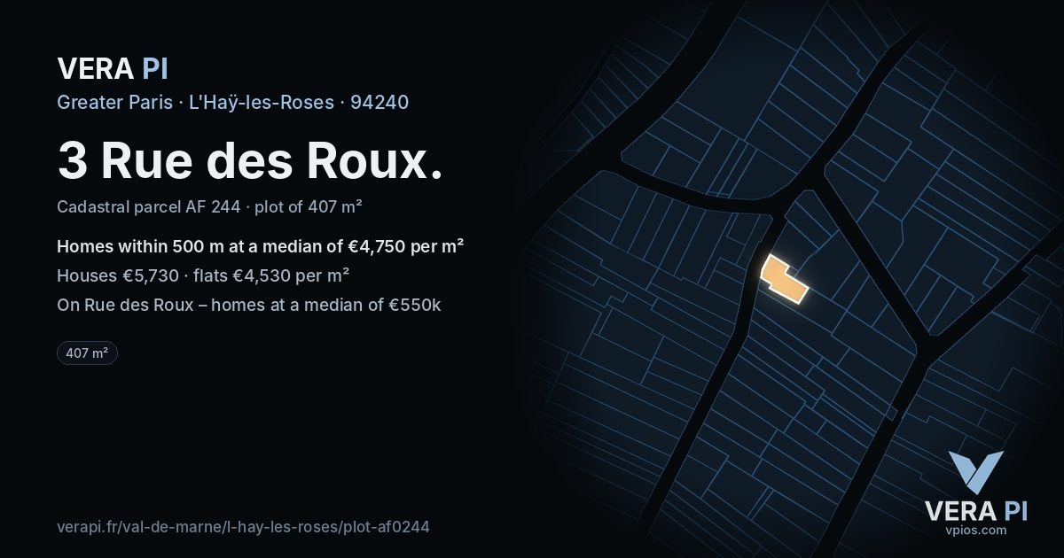 3 Rue des Roux, L'Haÿ-les-Roses at night – the plot lit, the parcels around coloured by the prices near them