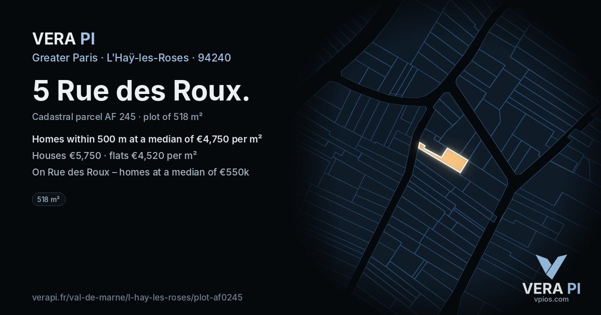 5 Rue des Roux, L'Haÿ-les-Roses at night – the plot lit, the parcels around coloured by the prices near them