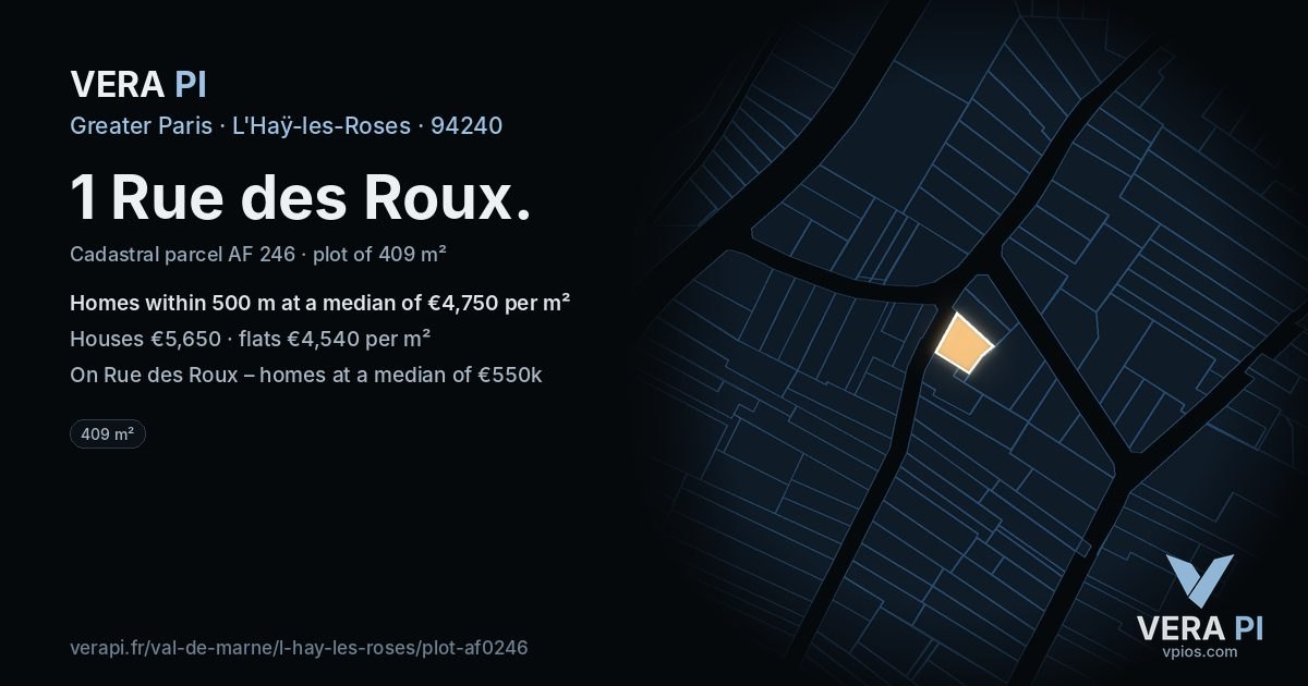 1 Rue des Roux, L'Haÿ-les-Roses at night – the plot lit, the parcels around coloured by the prices near them