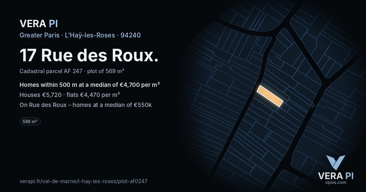17 Rue des Roux, L'Haÿ-les-Roses at night – the plot lit, the parcels around coloured by the prices near them
