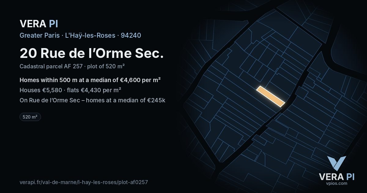 20 Rue de l’Orme Sec, L'Haÿ-les-Roses at night – the plot lit, the parcels around coloured by the prices near them