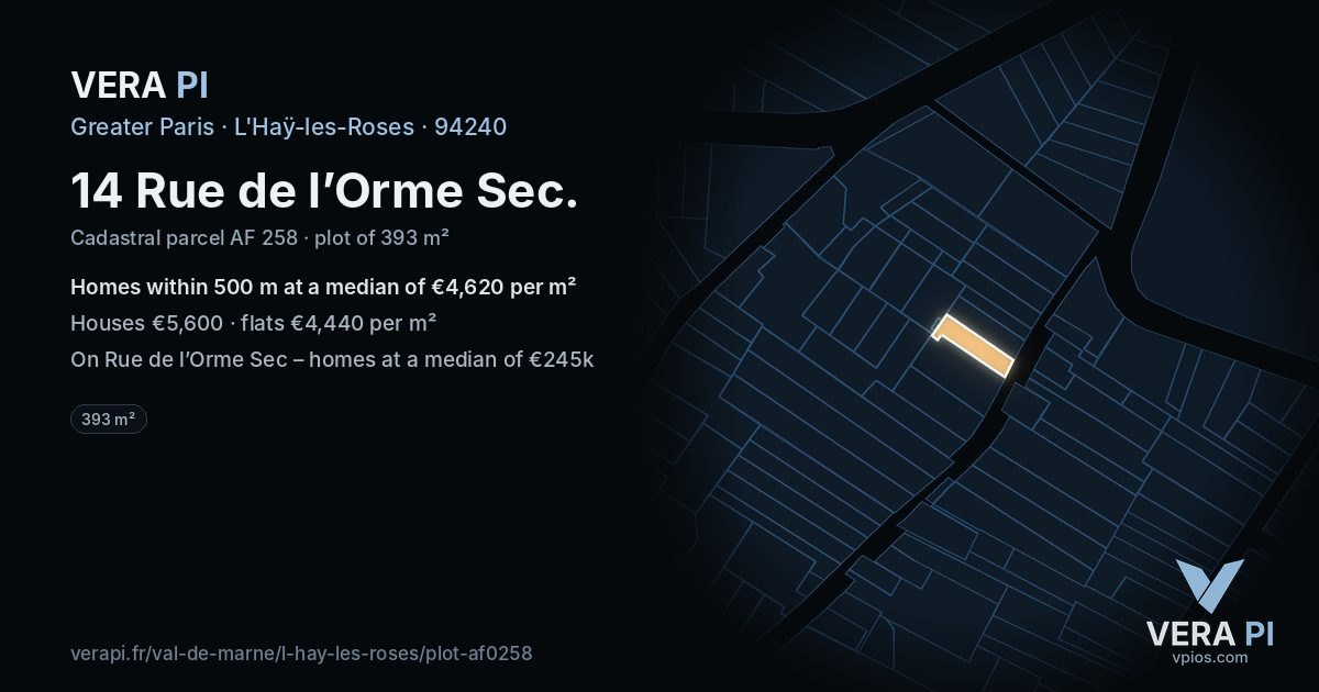 14 Rue de l’Orme Sec, L'Haÿ-les-Roses at night – the plot lit, the parcels around coloured by the prices near them