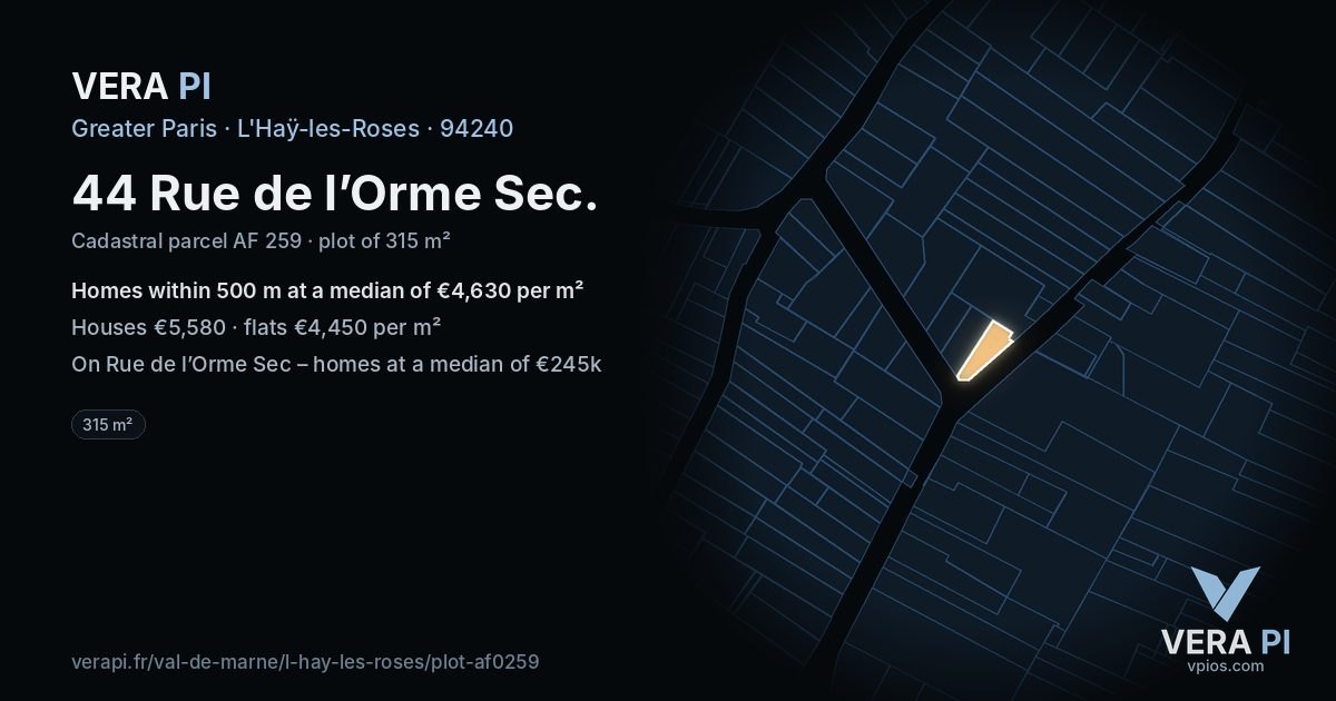44 Rue de l’Orme Sec, L'Haÿ-les-Roses at night – the plot lit, the parcels around coloured by the prices near them