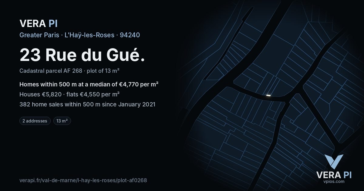 23 Rue du Gué, L'Haÿ-les-Roses at night – the plot lit, the parcels around coloured by the prices near them
