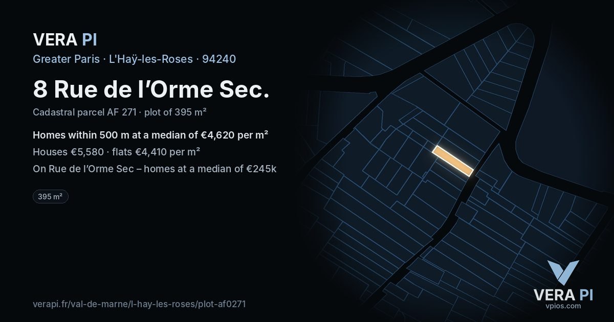 8 Rue de l’Orme Sec, L'Haÿ-les-Roses at night – the plot lit, the parcels around coloured by the prices near them