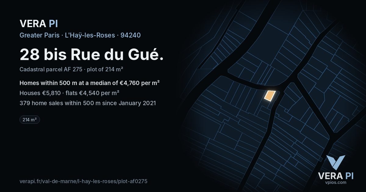 28 bis Rue du Gué, L'Haÿ-les-Roses at night – the plot lit, the parcels around coloured by the prices near them
