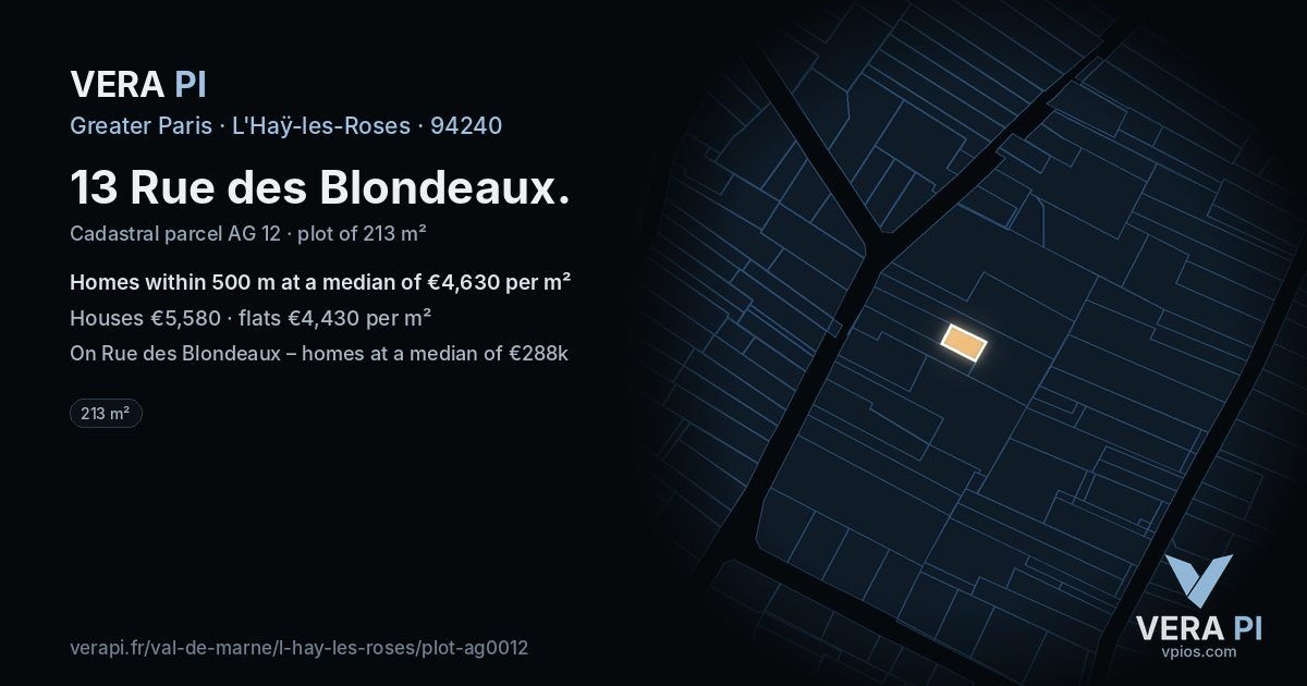 13 Rue des Blondeaux, L'Haÿ-les-Roses at night – the plot lit, the parcels around coloured by the prices near them