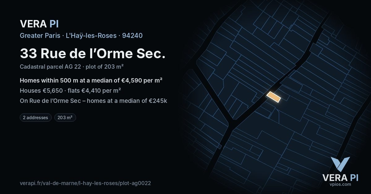 33 Rue de l’Orme Sec, L'Haÿ-les-Roses at night – the plot lit, the parcels around coloured by the prices near them