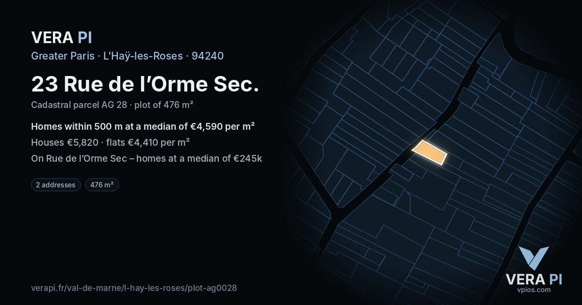 23 Rue de l’Orme Sec, L'Haÿ-les-Roses at night – the plot lit, the parcels around coloured by the prices near them