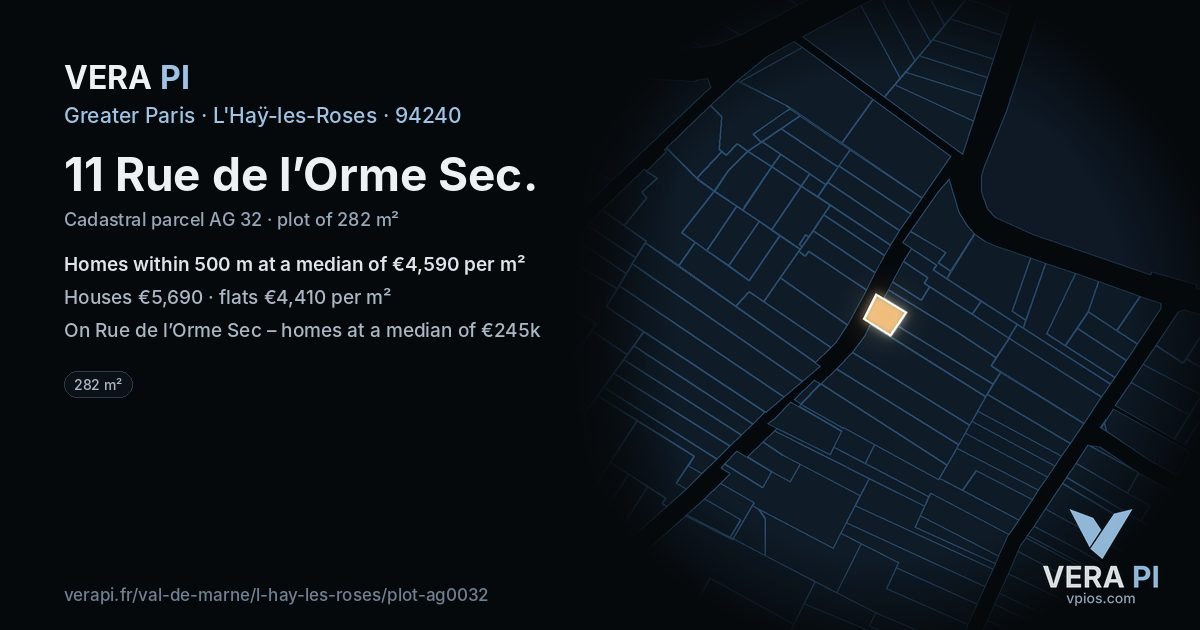 11 Rue de l’Orme Sec, L'Haÿ-les-Roses at night – the plot lit, the parcels around coloured by the prices near them