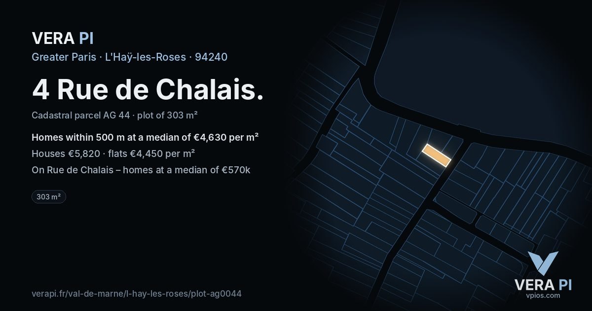 4 Rue de Chalais, L'Haÿ-les-Roses at night – the plot lit, the parcels around coloured by the prices near them