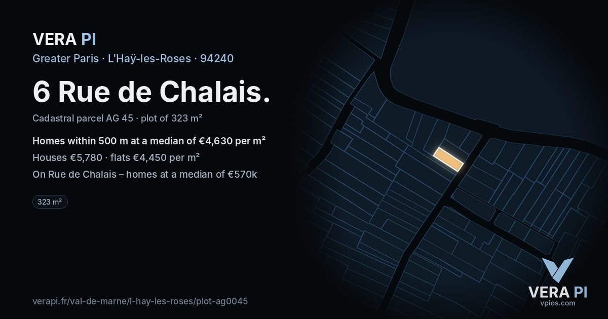 6 Rue de Chalais, L'Haÿ-les-Roses at night – the plot lit, the parcels around coloured by the prices near them